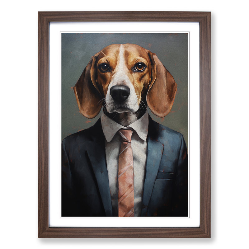 Beagle In A Suit Painting No.3 - Single Picture Frame Print on Wood, 34cm H x 25cm W x 2cm D, Walnut Framed
