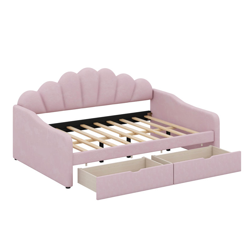 Full Size Upholstered Daybed With 2 Drawers, Wood Daybed With Shall Shaped Backrest, Pink