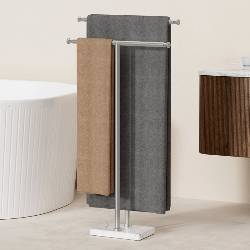 Porte-serviettes autoportant KES 44% plus large et réglable pour plancher de salle de bain avec base en marbre naturel lesté 3X, acier inoxydable 18/8, finition brossée