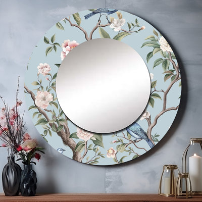 Minimalism Bird On Flowers I - Bird Large Wall Mirror, Modern Round Decorative Mirror, Printed Metal Art