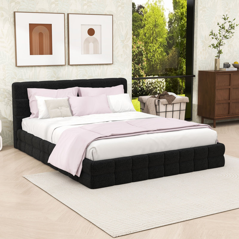 Grand lit plateforme tapissier avec tête de lit rembourrée de mousse, Noir