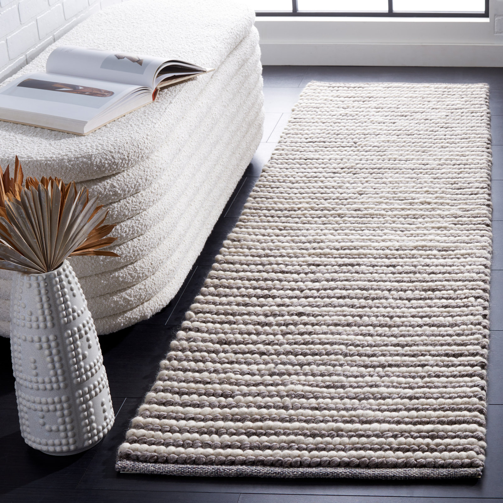 Cleodora Ivory Dark Brown Hand-Woven Chevron Rug, Runner 2'3" x 8'