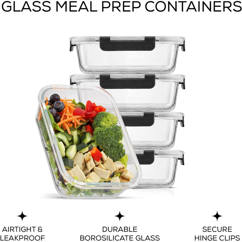 Black Glass Meal Prep Containers with Lids, Set of 5