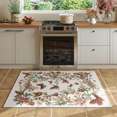 Door Mat Indoor Entrance  2x3 feet Rug Machine Washable Boho Floral Butterfly Small Area Rug Non-Slip Low Pile Throw Rugs For Entryway Kitchen Front Door Indoor Entrance Entry Kids Room, Beige