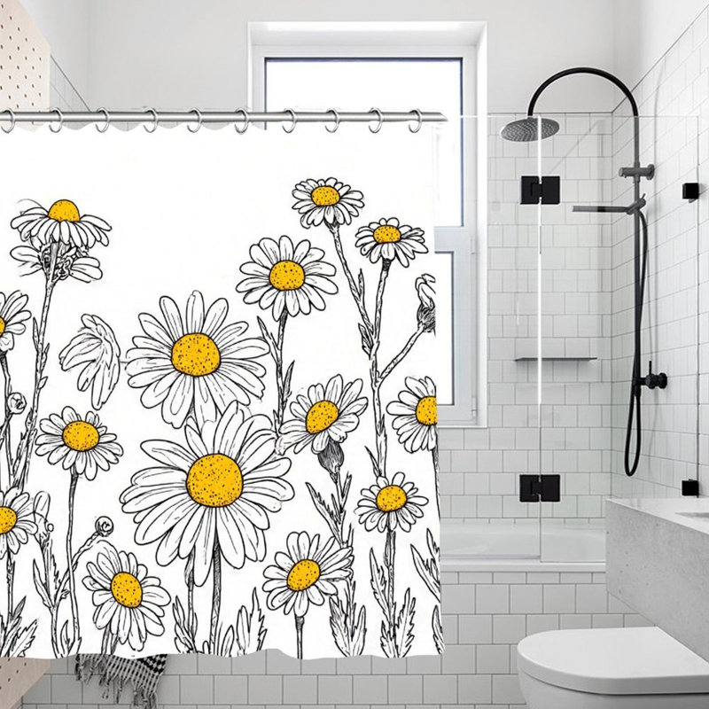 Rideaux de douche à motif de marguerites, 71 x 71, Blanc / jaune/ noir