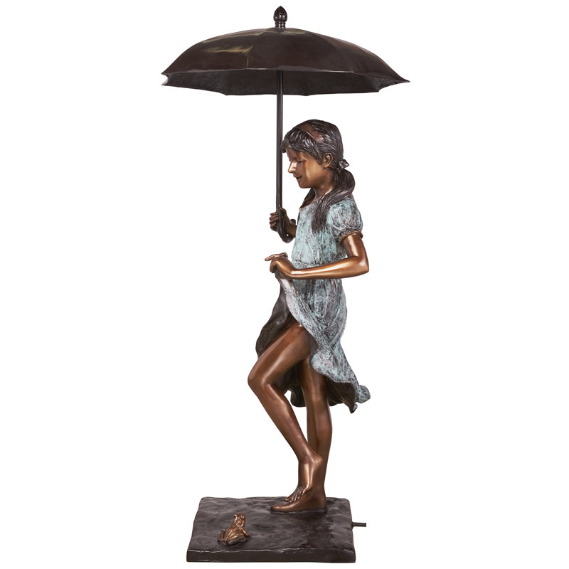 Bronze Dancing Umbrella Girl Garden Statue with Patina Finish