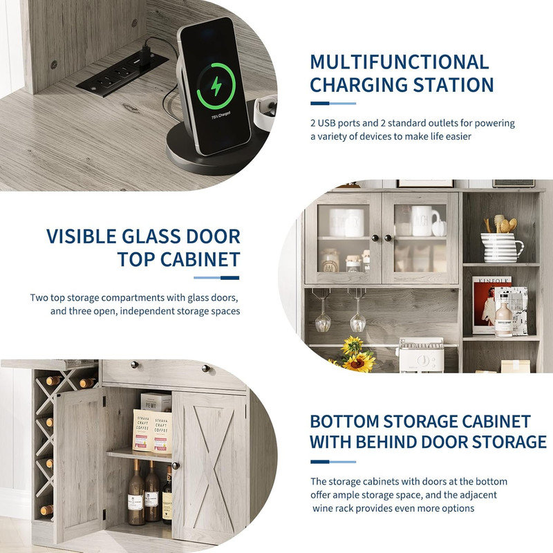 Coffee Bar Cabinet with Power Outlet, Wine Rack & Barn Doors, Sideboard Storage for Kitchen, Gray