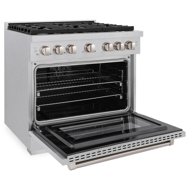 ZLINE 36 in. 5.2 cu. ft. Paramount Dual Fuel Range with 6 Burner Gas Cooktop and Electric Convection Oven in Satin Stainless Steel with Door