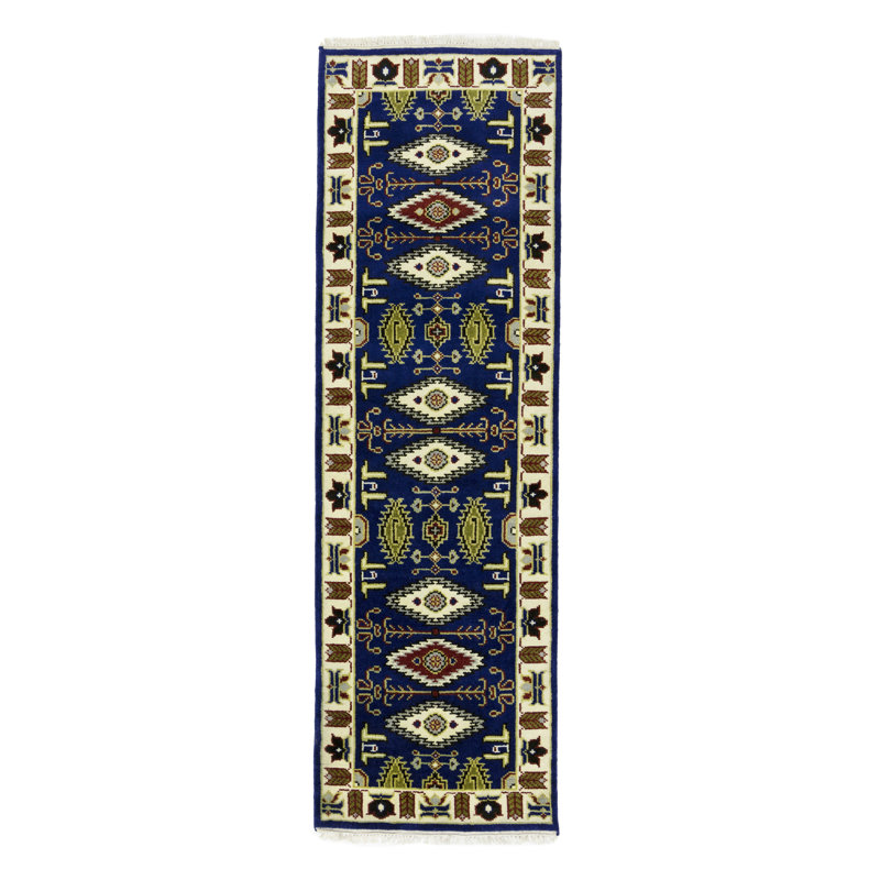 Katriona Geometric Handmade Runner 2'6 x 8'1 Wool Area Rug Navy Blue