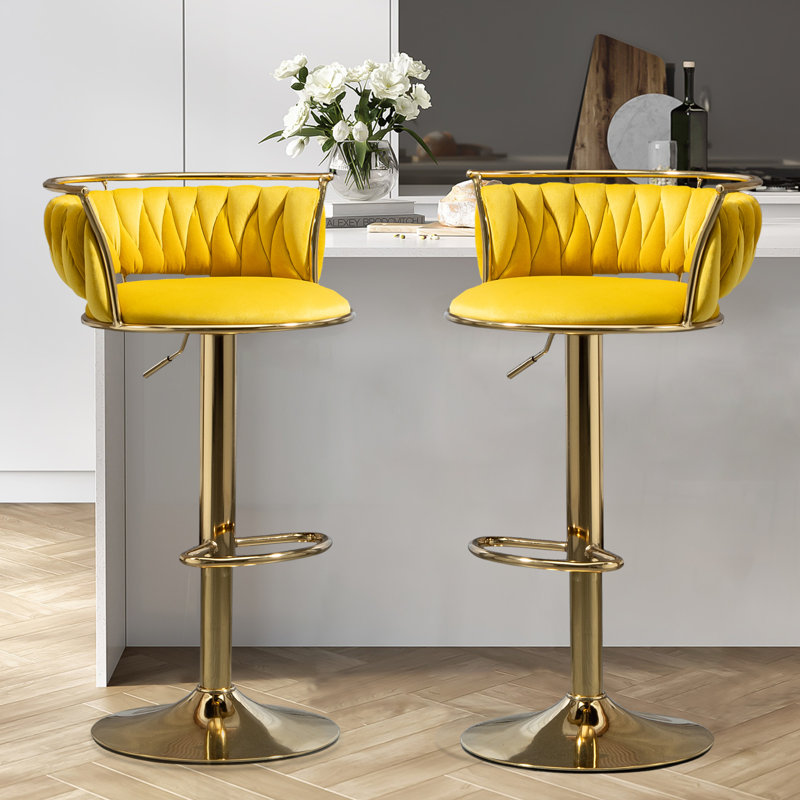 Tabouret de bar pivotant avec dossier Ginko, Doré, Jaune