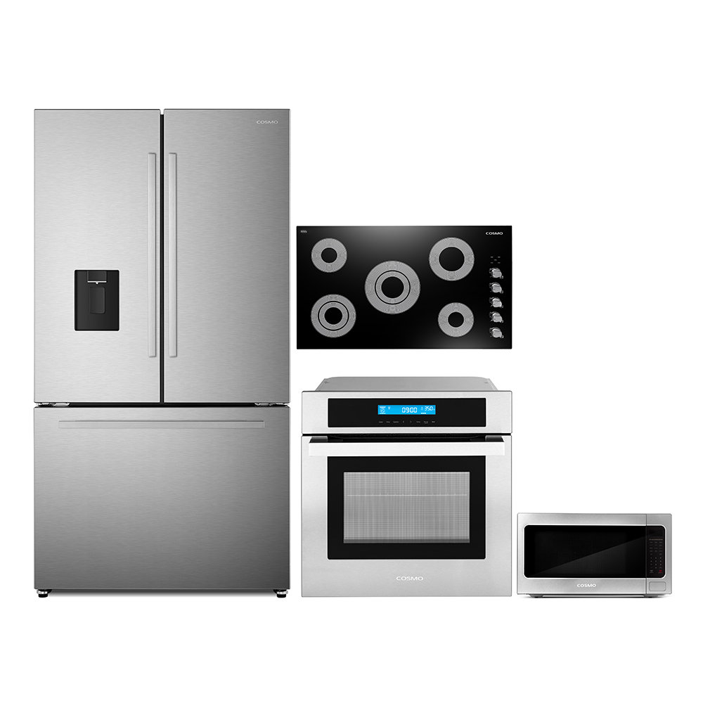 Cosmo 4 Piece Kitchen Appliance Package with French Door Refrigerator , 36'' Electric Cooktop