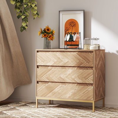 Chest of Drawers, Chevron 3 Drawer Dresser for Hallway, Nature Wood