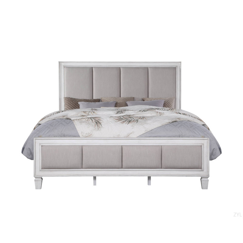Lit Katia en lin gris clair, gris rustique et blanc vieilli, Grand lit