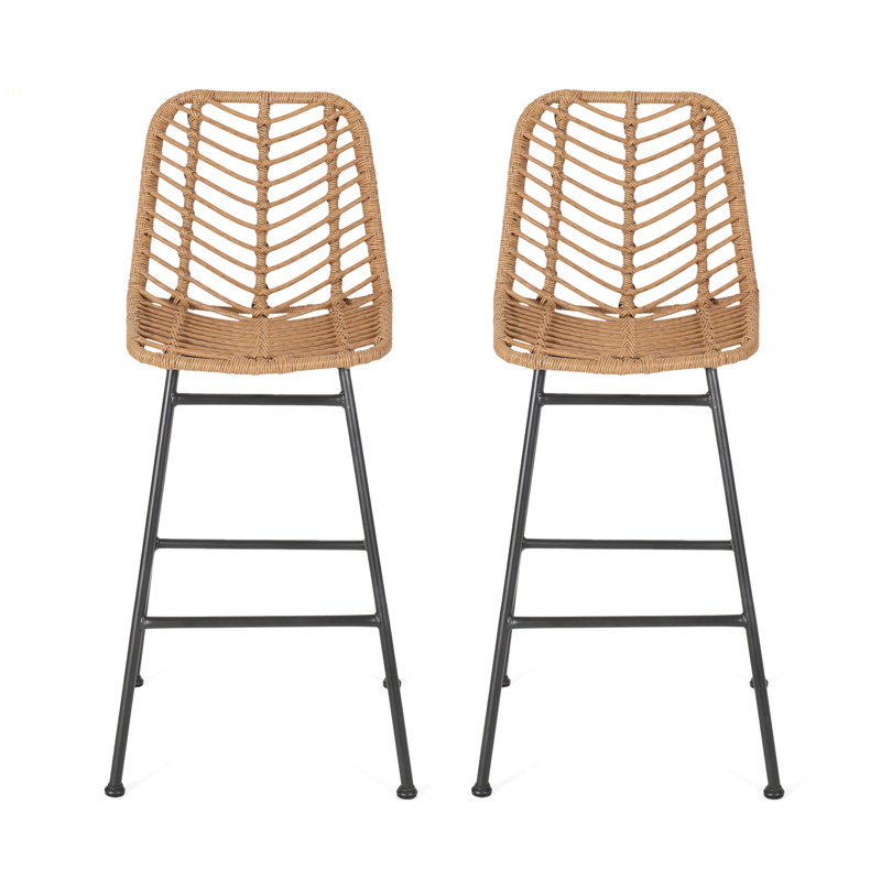 Sawtelle Outdoor Wicker Barstools (Set Of 2), Light Brown