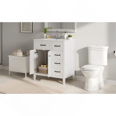 30" White Bathroom Vanity with Ceramic Sink, Freestanding Vanity with Black Metal Handles, Solid Wood Legs, Soft-Close Doors & Drawers, Ample Storage