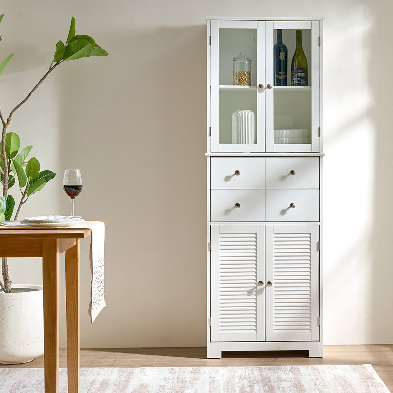 White Kitchen Storage Cabinet With Two Glass Doors, Drawer, And Shelves - 24" W X 12" D 67" H, To Tall Pantry Drawer Ideal For Storing Small Snack Packs | Assembly Guide