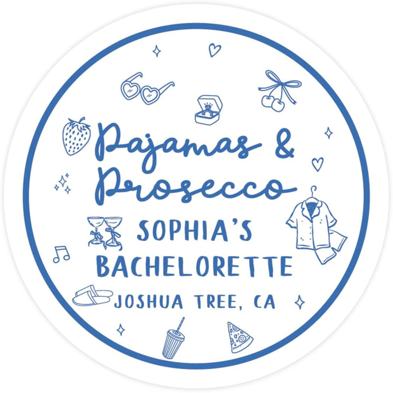 Pajamas personnalisés blancs et bleus et autocollants de Bachelorette Prosecco pour trousses de gueule de bois, cadeaux de soirée pyjama