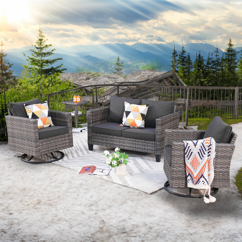 4 - Person Patio Furniture Set with Rocking Swivel Chairs, Outdoor Wicker Rattan Sofa Seating Group with Cushions, All Weather Conversation Set with End Table for Garden Backyard