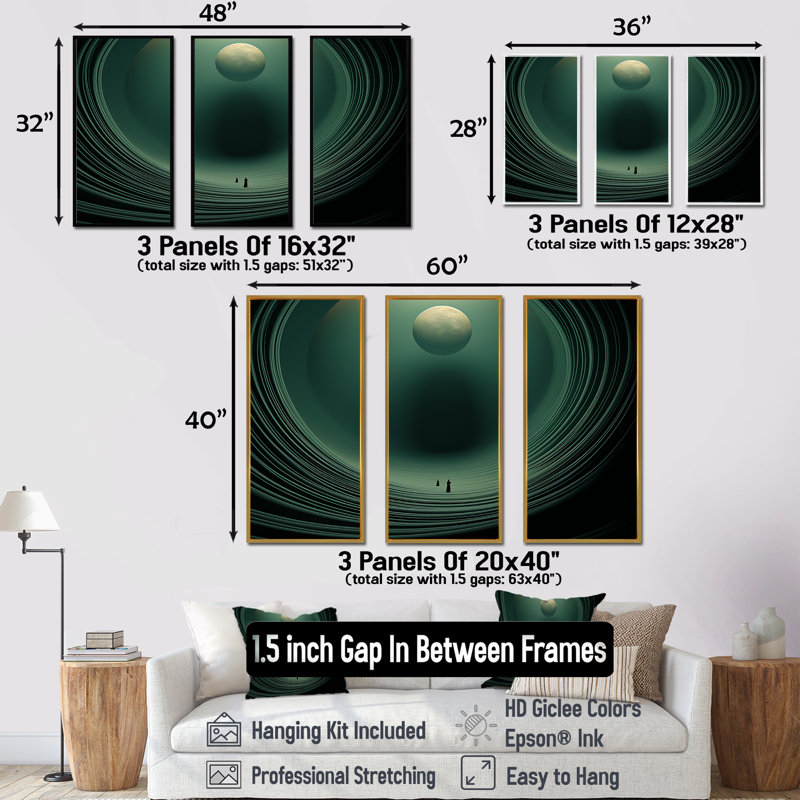 Emerald Enceladus Outer Space I - Our Solar System, impression d'art mural, Cadre flottant doré, H 28 po x l 36 po x P 1 po