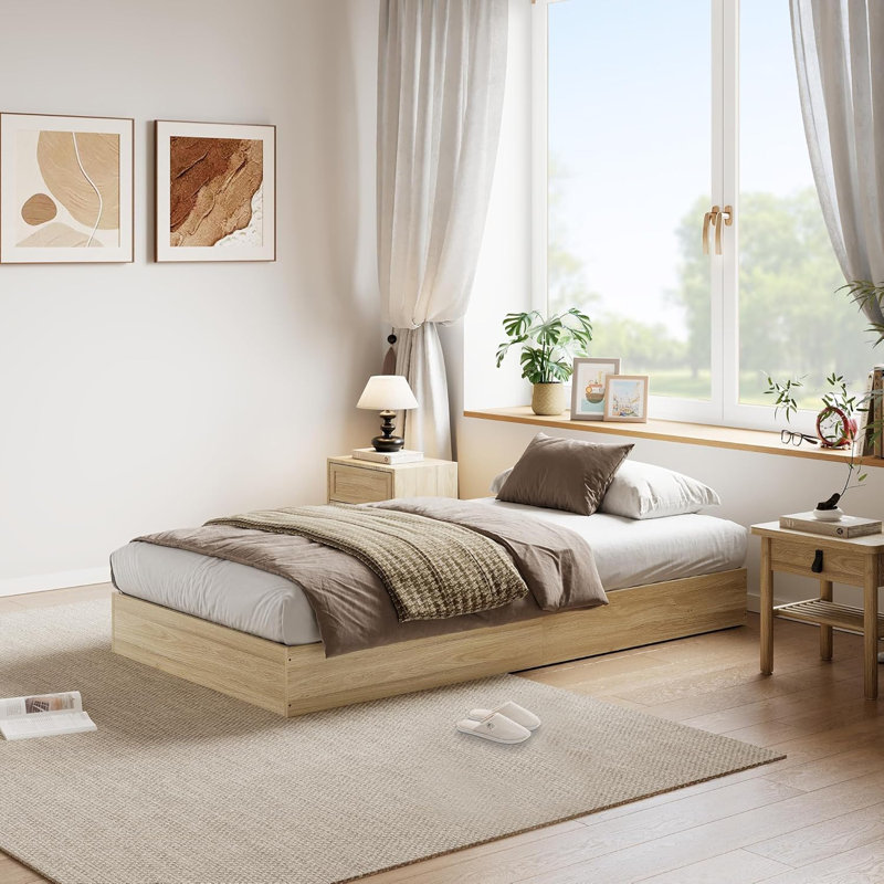Floor Standing Bed Frame with Wooden Slat, Support, No Box Spring Needed, Noise Free & Easy Assemble, Modern Minimalist Bedroom Furniture for Apartments