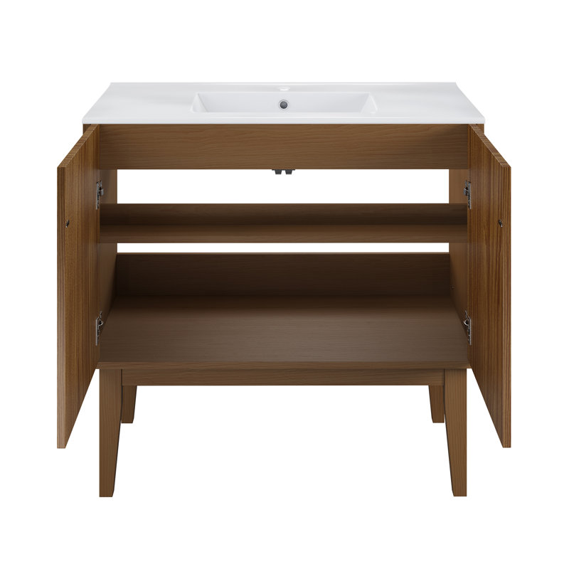 Bosse 36" Brown Oak Freestanding Vanity with White Ceramic Sink