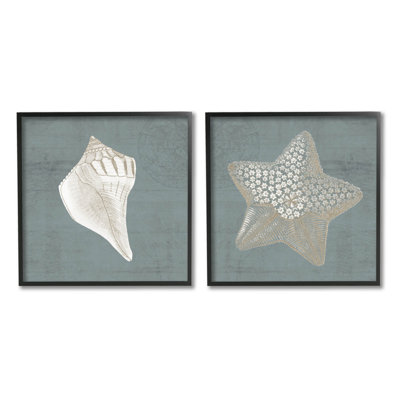 «Sea Life Conch Starfish Nautical», ensemble de 2 impressions giclées encadrées par Piddix
