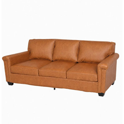 Canapé de 87,8 po à 3 places moderne, canapé en similicuir avec siège de 22 po de profondeur, canapé de salon brun cognac avec larges accoudoirs carrés et coussins fermes