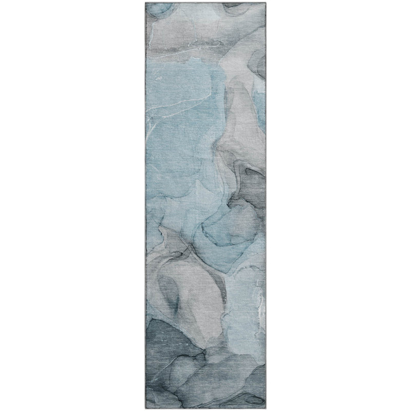 Premium Machine Washable Cerrito AMF504 Teal Rug, Runner 2'3" x 7'6"