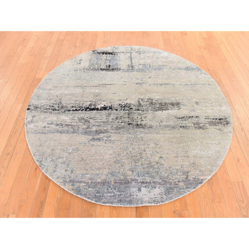 Tapis oriental rond, gris, beige et gris, 6 pi x 6 pi, motif abstrait moderne, laine et soie