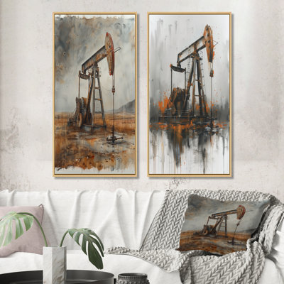 Grey Orange Winter Oil Fields Pumping Gaz I - Oil Rigs / Fields Wall Art 2 Pieces Set