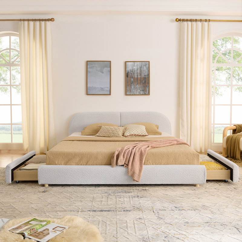 Boucle Upholstered Platform Bed with 4 Drawers, Beige