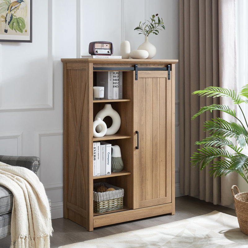 Farmhouse Accent Chest With Sliding Barn Door And 5 Drawers - Rustic Charm And Practical Storage, Oak