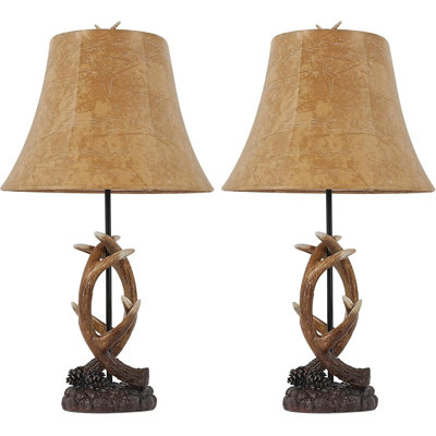 22.9-inch rural western deer antler farmhouse desk lamp, rural style western deer antler table lamp, USB interface, dimmable E26 lampshade, set of 2 lamps