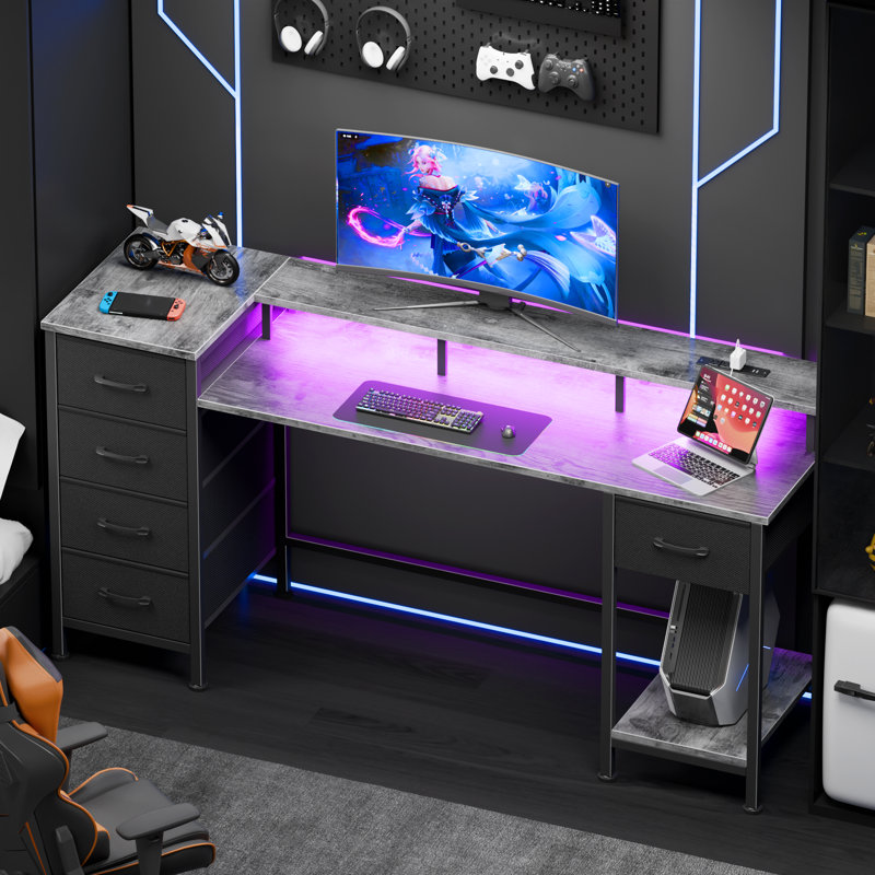 Computer Desk with Monitor Stand & Charging Station, Gaming Desk with LED Lights & Drawers, 29.8" H x 55.1" W x 18.8" D