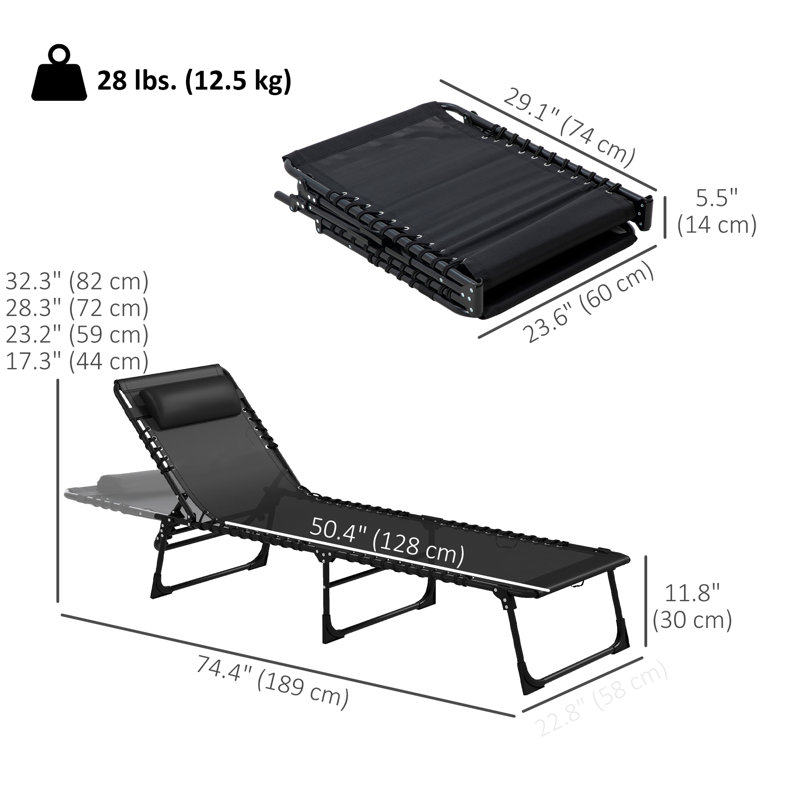 Chaise longue pliante, chaise de bronzage de patio, chaise longue d'extérieur avec dossier inclinable à 4 positions, siège en filet respirant pour plage, bord de piscine, cour, noir