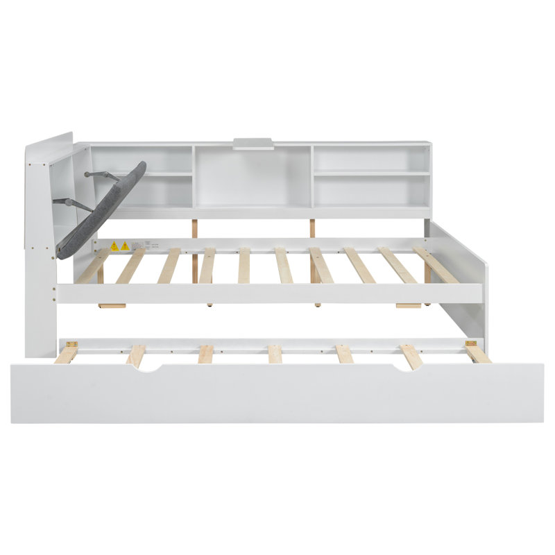 Wood Full Size Platform Bed With Trundle, Shelves And Storage Headboard, White, White
