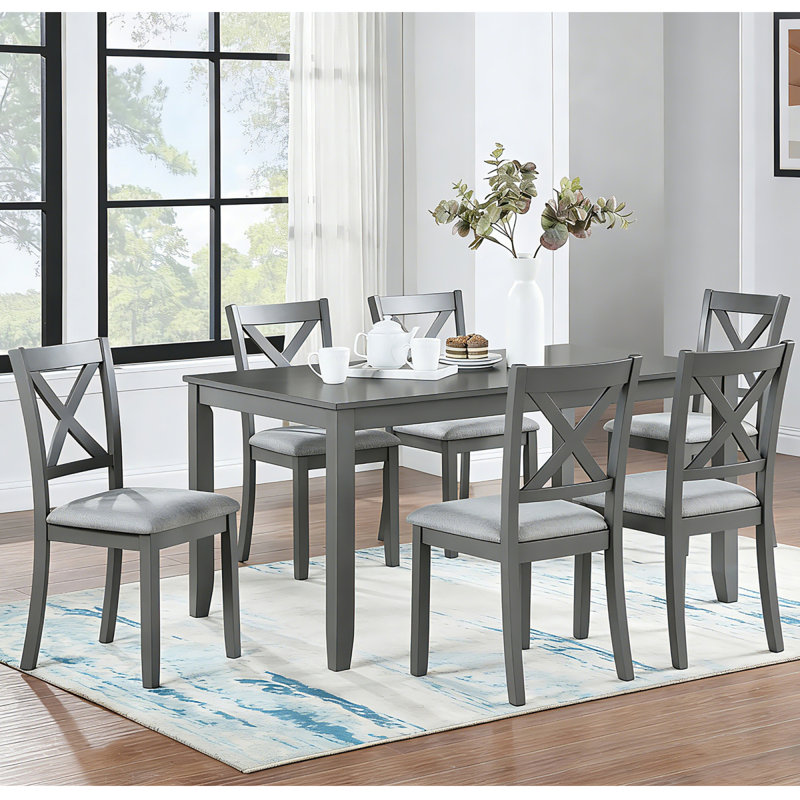 Ensemble de table et chaises de salle à manger en bois massif 7 pièces, table moderne de 58,5 pouces avec 6 chaises rembourrées (style X-Back) pour la cuisine, la salle à manger, gris