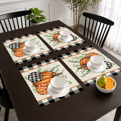 Autumn Placemats Set of 4 - Heat-Resistant Table Mats, for Indoor & Outdoor Dining,Orange Black Plaid Pumpkin