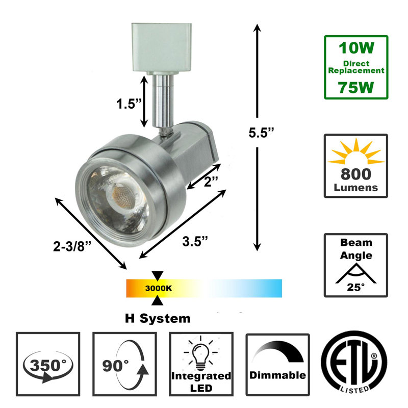 Tête d'éclairage DEL à rail, Acier brossé, H 5,5 po x l 2,38 po x 3,5 po, 10W