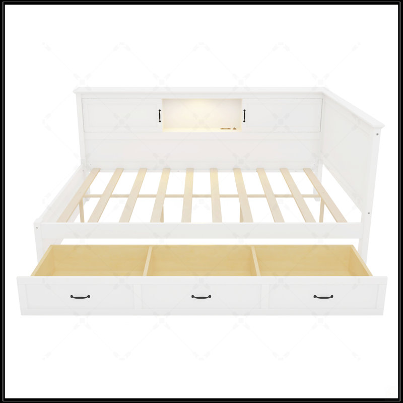 Structure de lit en L avec tiroir, bibliothèque, éclairage à DEL vers le bas et port USB, idéale pour les petites pièces et les chambres d'amis, taille double, blanc
