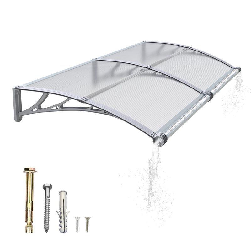Window Awning Door Canopy Polycarbonate Panel with Large Drainage Grooves  Bracket Outdoor Patio Shelter, Clear/Gray