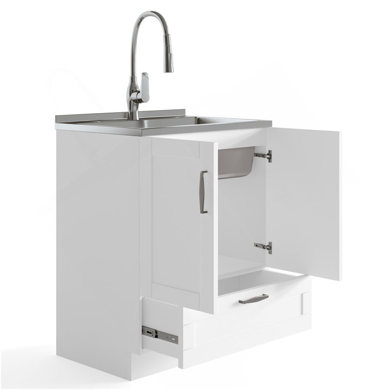 Reed - Armoire à linge de luxe 28 "avec robinet coulissant et évier en acier inoxydable - Blanc pur