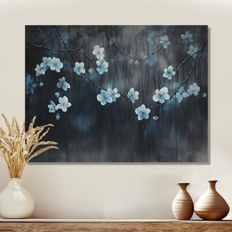 Art mural fleur de cerisier bleu, toile florale de minuit, H 30 po x l 40 po, Toile tendue