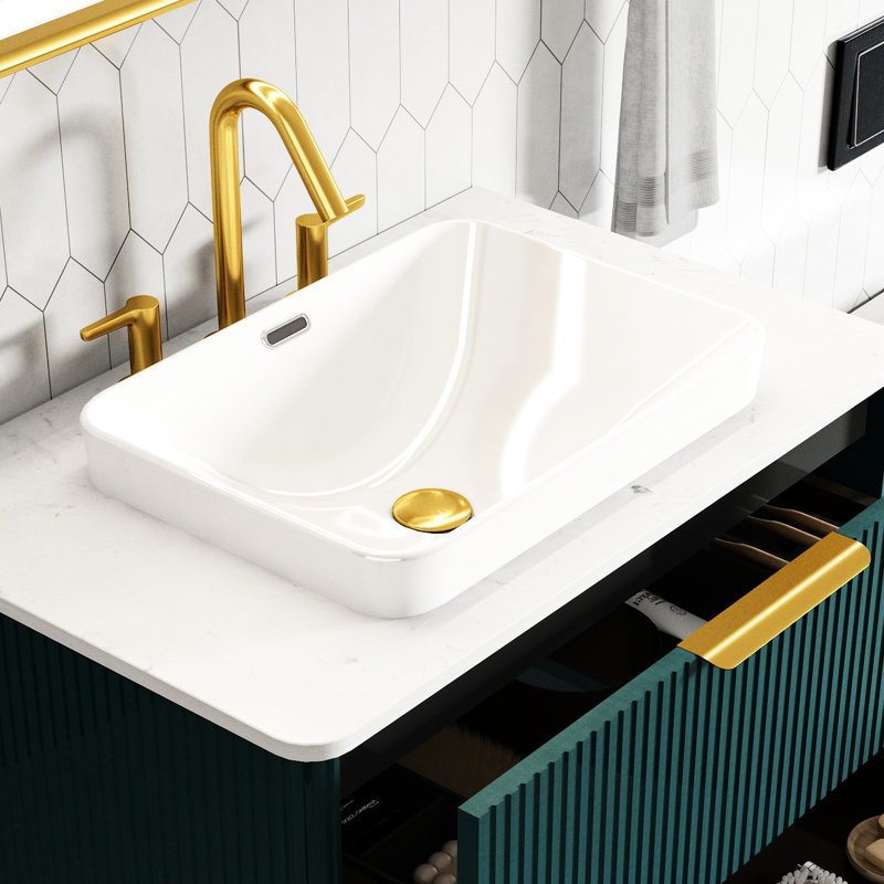 Élégant lavabo encastré en céramique blanc brillant, hauteur de 6,8 po, non poreux, comptoir sans soudure à ajustement ultra-brillant d'une largeur de 14,34 po, résistant aux taches, surface lisse