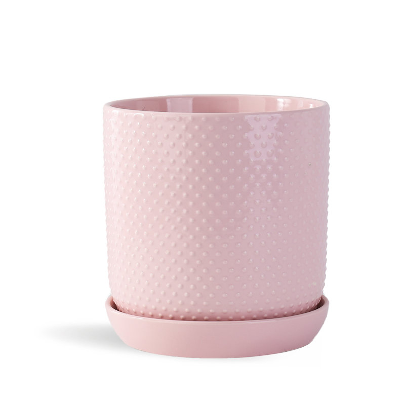 Pot cylindrique à pois (sans soucoupe), pot moyen en céramique émaillée (lot de 2) - Intérieur/Extérieur, Lavande pastel
