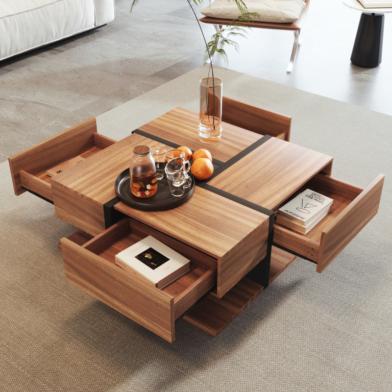 Pedestal Coffee Table with Storage, Dark Brown Wood/Black