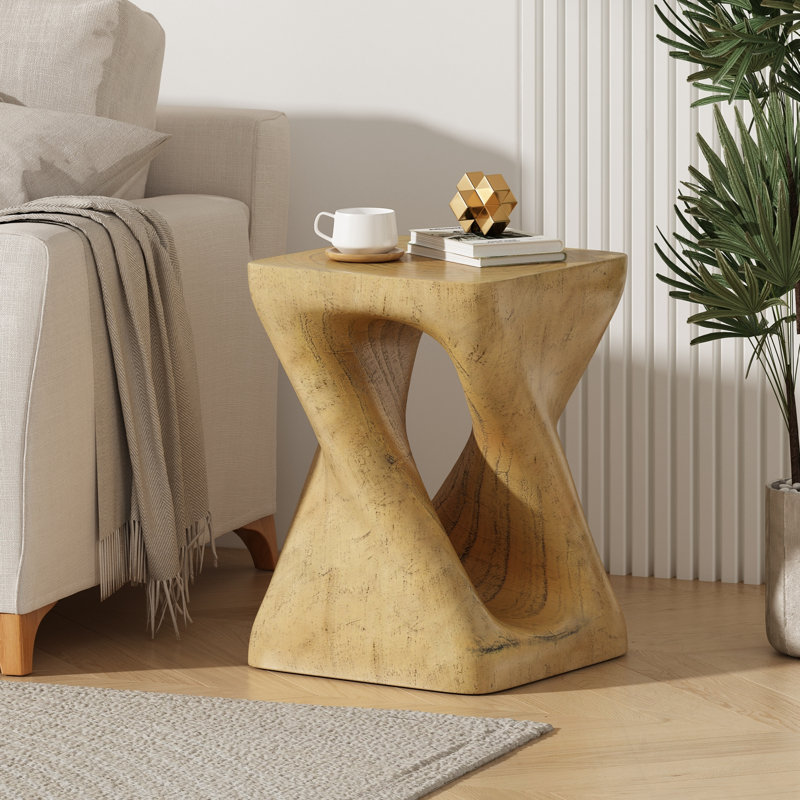 Table d'appoint MGO Twist Shape, texture semblable au bois, couleur naturelle, durable et résistante aux intempéries pour une utilisation intérieure et extérieure