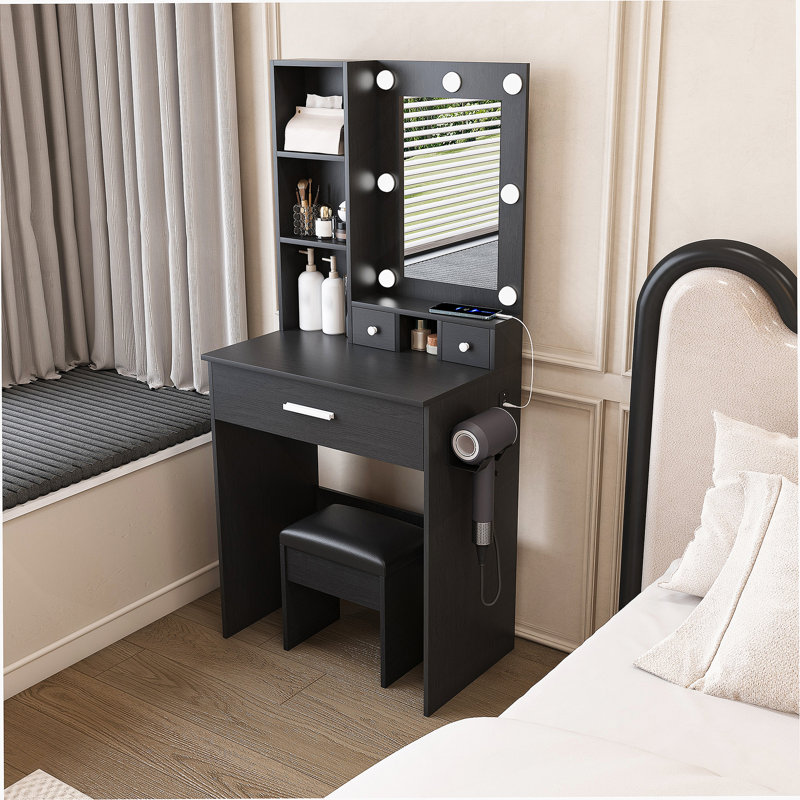 Vanity Table With Mirror & Adjustable LED Lights, Power Outlet, Hairdryer Holder & Stool – Compact Dressing Desk For Small Bedrooms(Black)