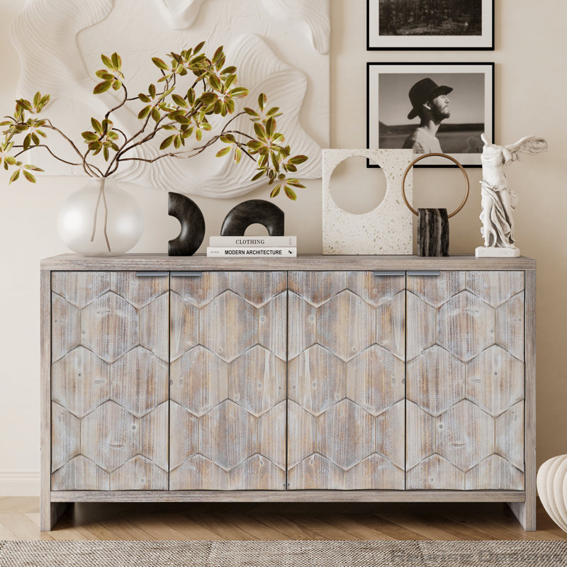 Farmhouse Style 4 Door Wooden Cabinet, Natural Wood Wash