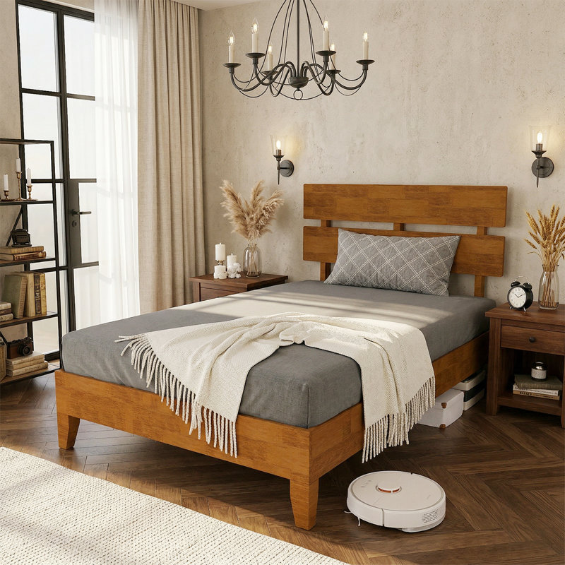 Solid Wood Platform Bed Frame , Twin Bed Frame With Headboard Included, Mid Century Modern Bed, Caramel, Brown, Twin